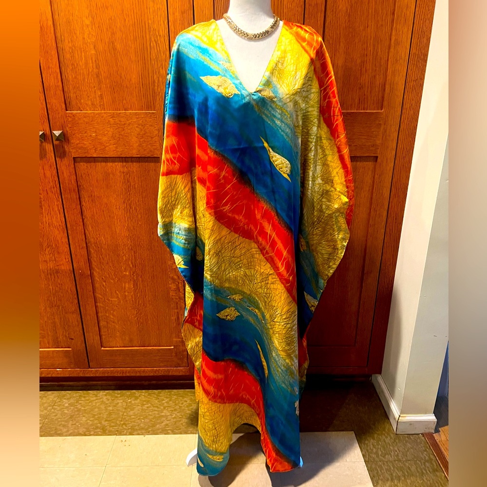 NWT VINTAGE 90s Winlar Beach Seashell 🐚 Caftan Multicolor 💙🧡💛 Dress OS/XL